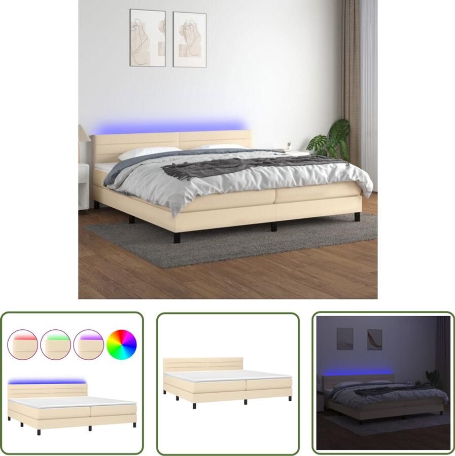 VidaXL Boxspring crèmekleurig 200x200 cm met LED Boxspring Led Lamp Creme Kleurig Pocketed Veren Matras Adjustable Headboard Bedroom Furniture