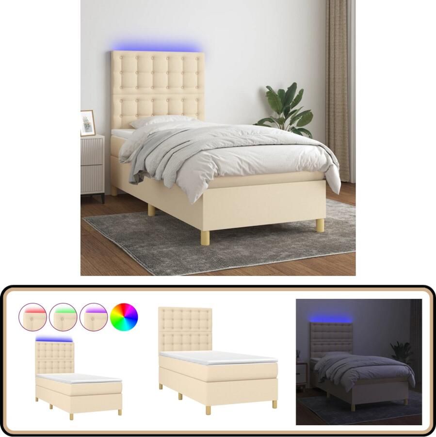 VidaXL Boxspring Crèmekleurig 80x200 cm Inclusief Matras en LED Boxspring Bed Boxsprings Led Verlichting Creme Kleuren Tweepersoons Bed