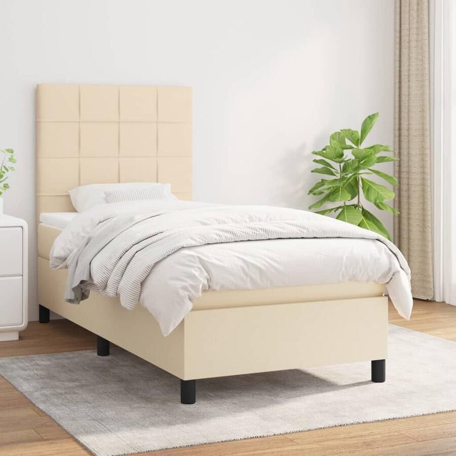 VidaXL Boxspring crèmekleurig 90x190 cm Inclusief Matras Boxspringbed Creme Kleur Verstelbare Hoofdbord Pocketvering Matras Middelhard Slaapkamer Meubilair - Foto 2