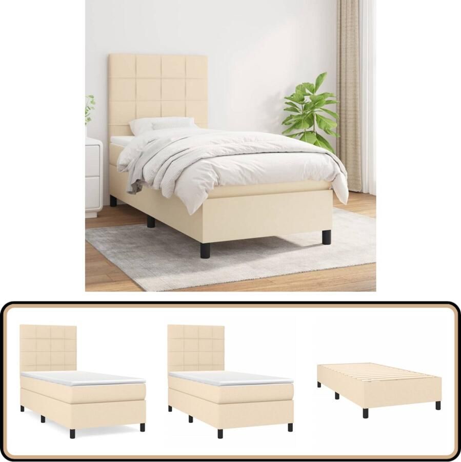 VidaXL Boxspring crèmekleurig 90x190 cm Inclusief Matras Boxspringbed Creme Kleur Verstelbare Hoofdbord Pocketvering Matras Middelhard Slaapkamer Meubilair