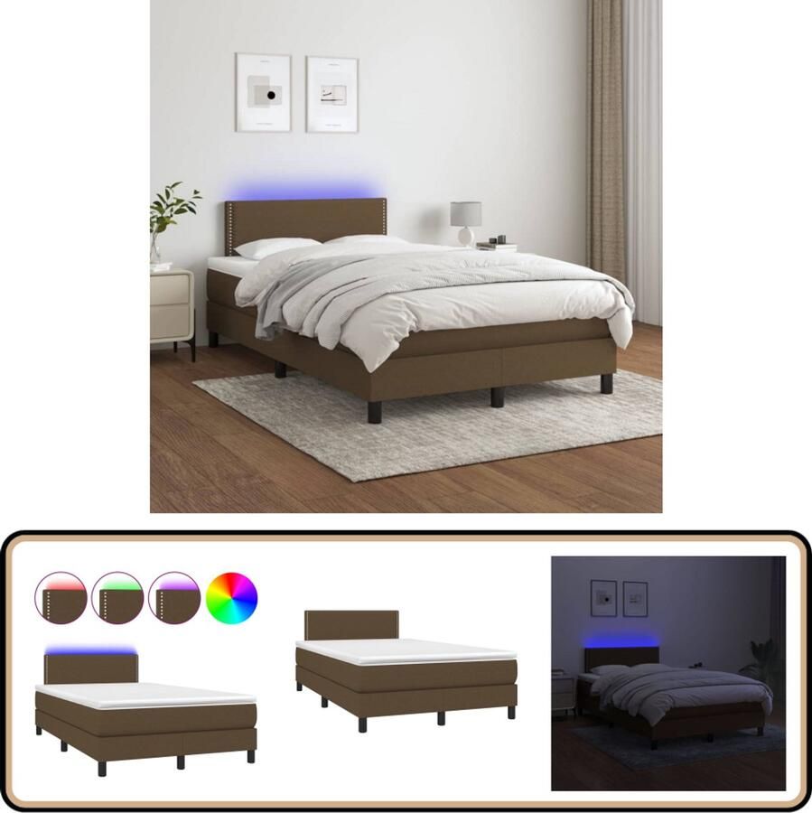 VidaXL Boxspring Donkerbruin 120x200 cm Inclusief LED Boxspring Slaapcomfort Led Verlichting Adjustable Headboard Pocketveer Matras