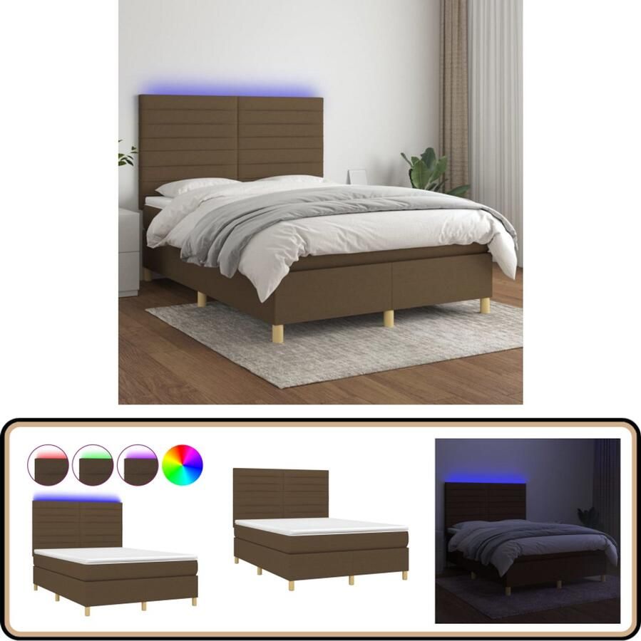 VidaXL Boxspring Donkerbruin 140x190 cm Inclusief LED Boxspring Led Bed Boxspring Met Led Slaapcomfort Boxsprings Tweepersoonsbed Donkere Bruine Bed Houten Bed Frame Lederlook