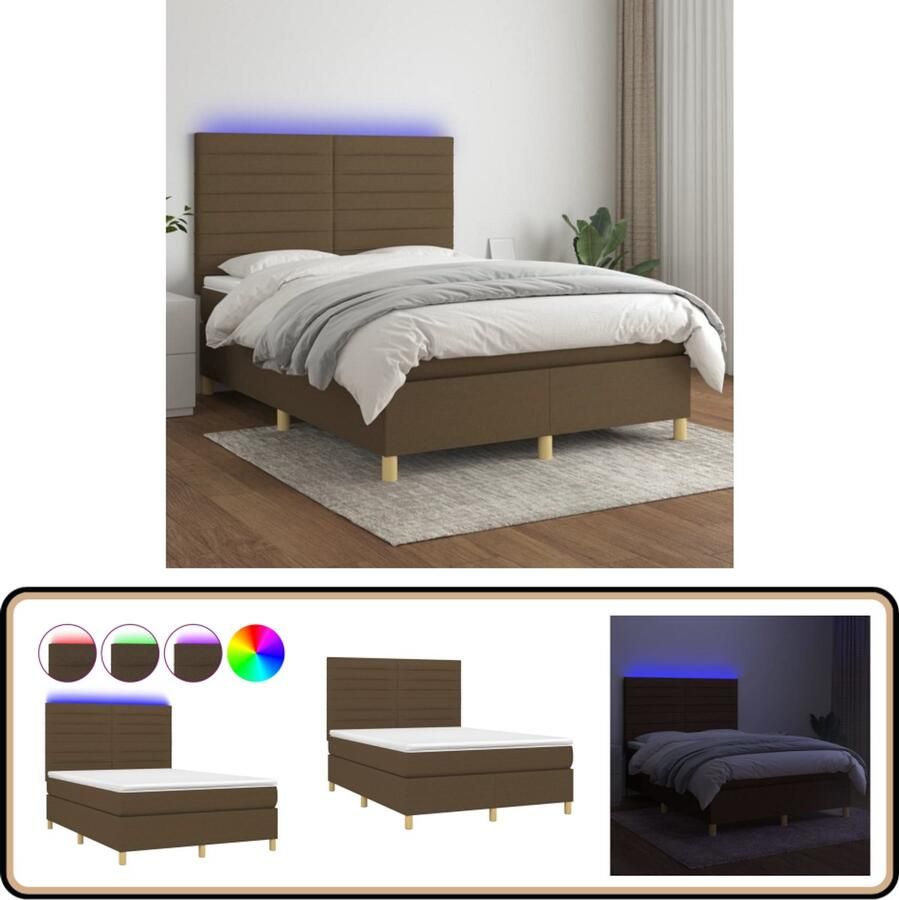VidaXL Boxspring Donkerbruin 140x200 cm LED Boxspring Bed Led Bed Donkere Bruine Boxspring Met Led Slaapcomfort Lederlook Boxspring Luxe Boxspring Tweepersoons Boxspring Groot Boxspring
