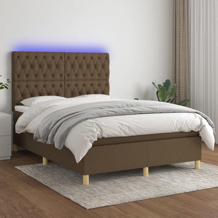 VidaXL Boxspring Donkerbruin 140x200 cm LED Boxspring Donkere Bruine Boxspring Led Boxspring Met Led Pocketed Veren Matras Lederlook Boxspring Slaapcomfort Bedroom Furniture - Foto 2