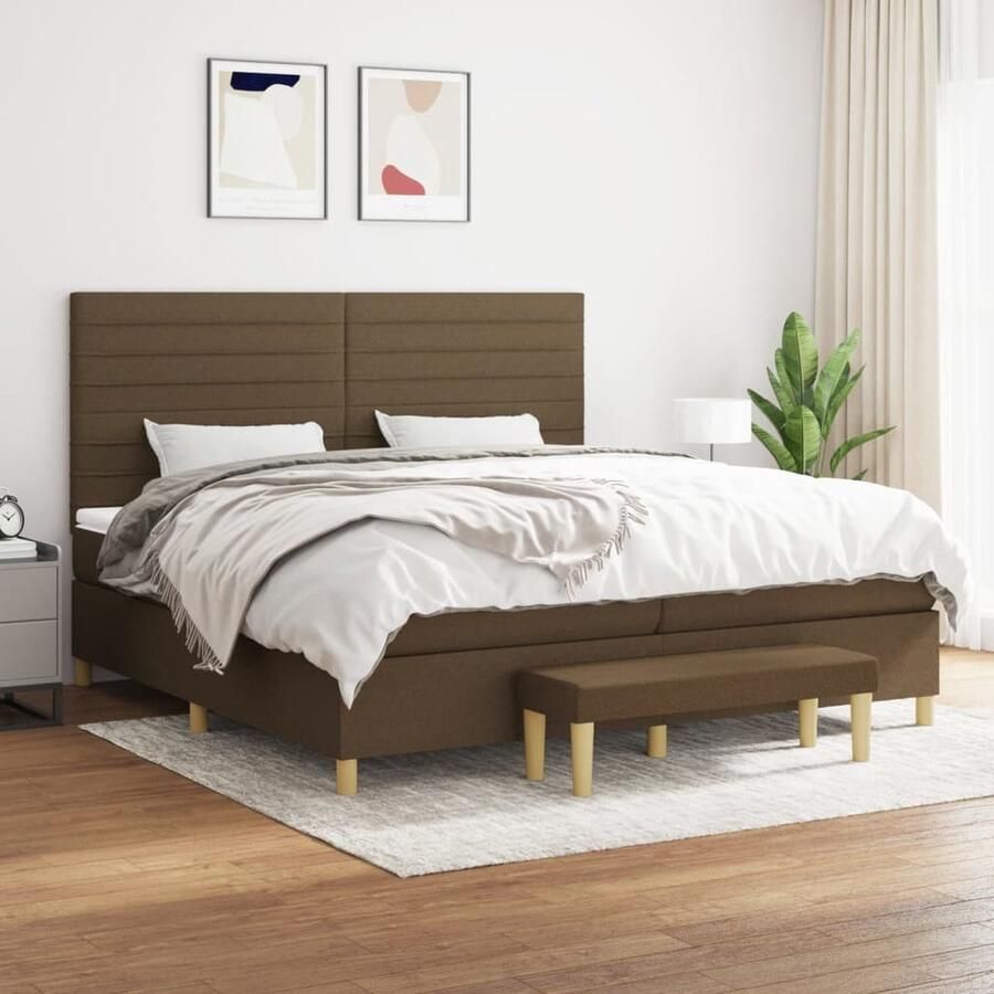 VidaXL Boxspring Donkerbruin 200x200 cm Inclusief Matras Boxspringbed Droom Donkere Bruine Kleur Stof Tweepersoonsbed Verstelbare Hoofdbord Multifunctionele Bank Hoogwaardig Matras Pocketvering Ergonomisch - Foto 2