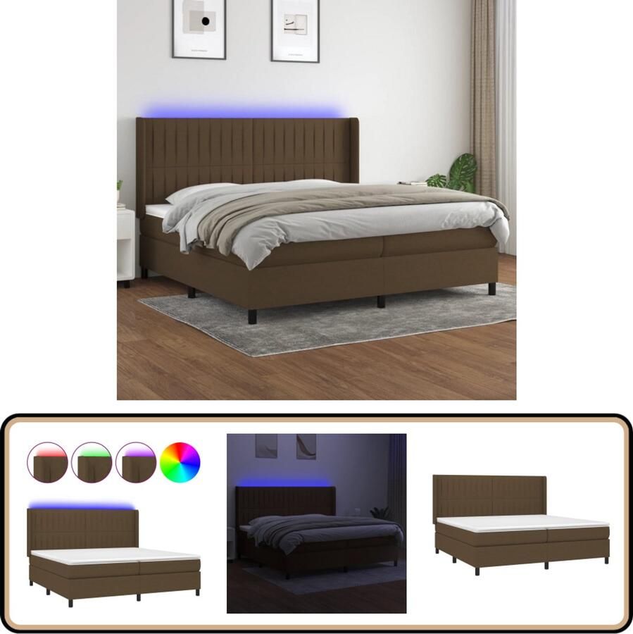 VidaXL Boxspring Donkerbruin 200x200 cm LED Boxspring Donkere Bruine Boxspring Slaapcomfort Led Lampjes Pocketed Veren