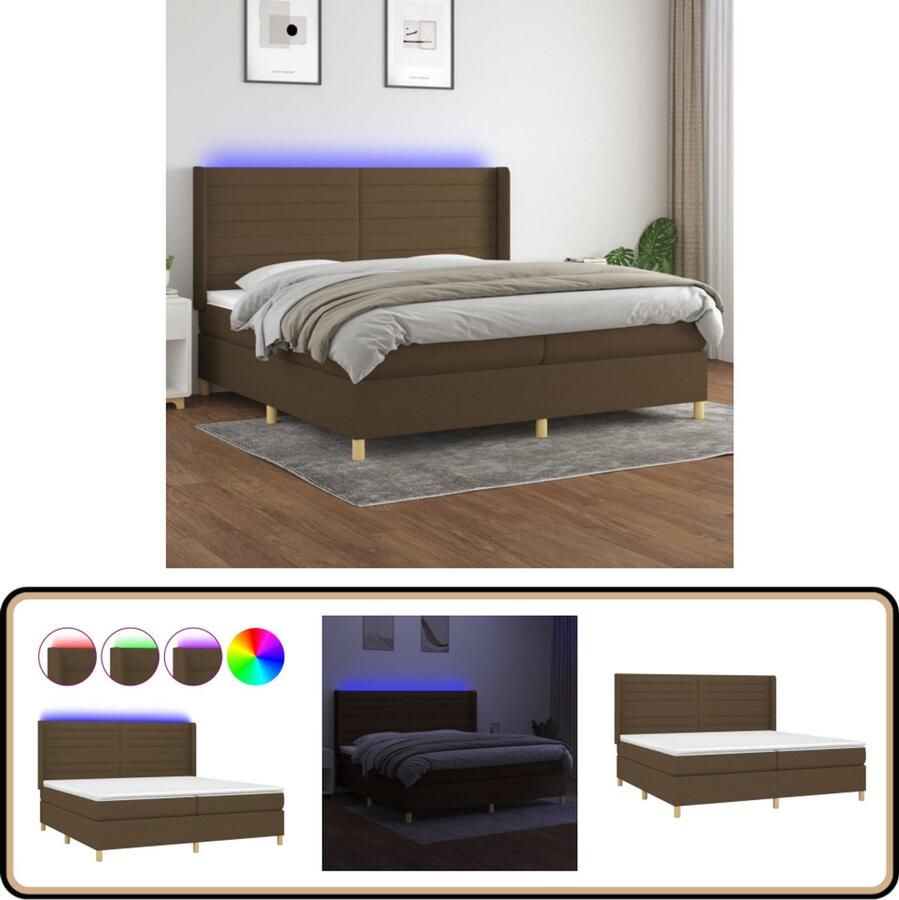 VidaXL Boxspring Donkerbruin 200x200 cm Met LED Boxspring Led Bed Pocketveer Matras Houten Bed Frame Bruine Bed