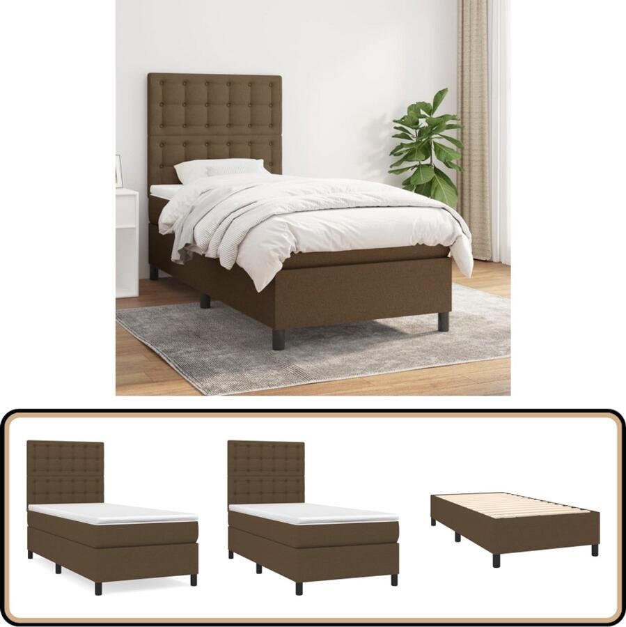 VidaXL Boxspring Donkerbruin Inclusief Matras 90x190 cm Boxspringbed Slaapcomfort Pocketveermatras Hoofdboard Donkerbruin