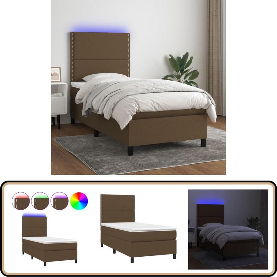 VidaXL Boxspring Donkerbruin Inclusief Matras LED Boxspring Led Bed Hoofdboard Pocketveer Matras Slaapcomfort Donkere Kleuren Bruine Boxspring