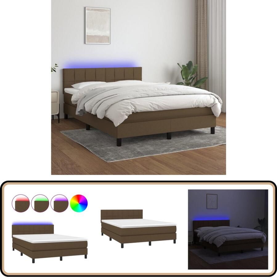 VidaXL Boxspring Donkerbruin LED 140x200 cm Boxspring Donkere Kleuren Led Lampen Pocketed Veren Boxsprings Kopen Tweepersoons Bed Luxe Bed
