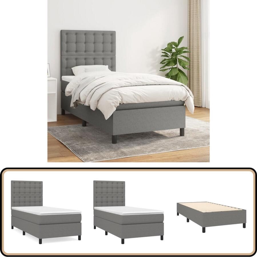 VidaXL Boxspring 90x190 cm Donkergrijs Inclusief Matras Boxspringbed Slaapcomfort Pocketvering Donkere Kleuren Tweepersoonsbed Frame Bed Hoofdbord Grijs