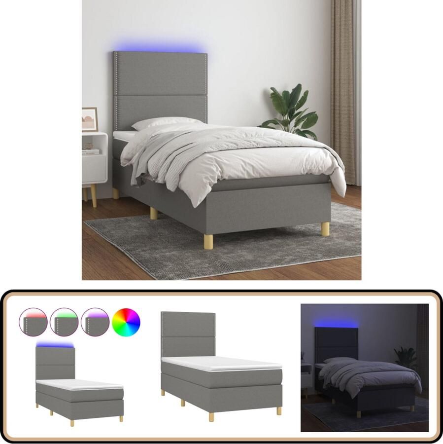 VidaXL Boxspring met matras en LED 90x200 cm Boxspring Bed Boxspring Led Lampje Elektrisch Hoofdbord Pocketed Spring Mattress Slaapcomfort Duurzame Materialen Grijs Bed - Foto 2