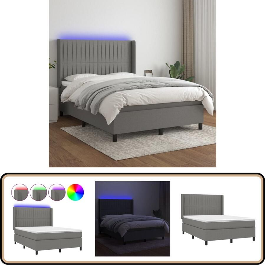 VidaXL Boxspring Donkergrijs 140x190 cm Inclusief LED Boxspring Bed Led Bed Donkere Grijze Boxspring Pocketveer Matras Slaapcomfort Hoofdbord Adjustable Headboard