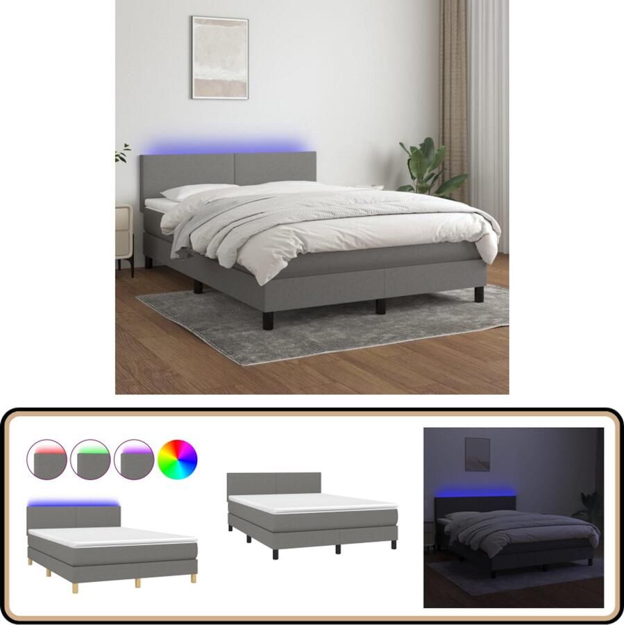 VidaXL Boxspring Donkergrijs 140x190 cm LED Boxspring Led Bed Slaapcomfort Verstelbare Hoofdbord Pocketing Matras Donkere Kleuren Moderne Slaapkamer