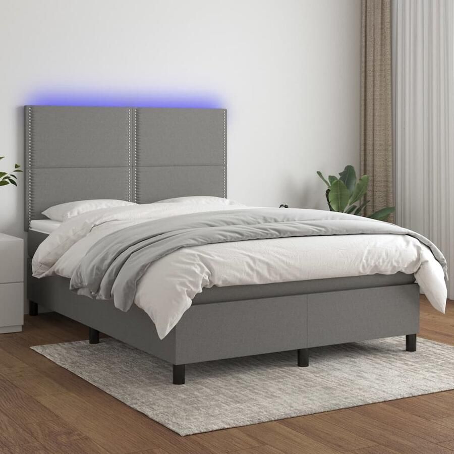 VidaXL Boxspring Donkergrijs 140x200 cm LED Boxspring Led Bed Donkere Grijze Boxspring Adjustable Headboard Pocketveer Matras Huidgevriendelijk Topmatras - Foto 2