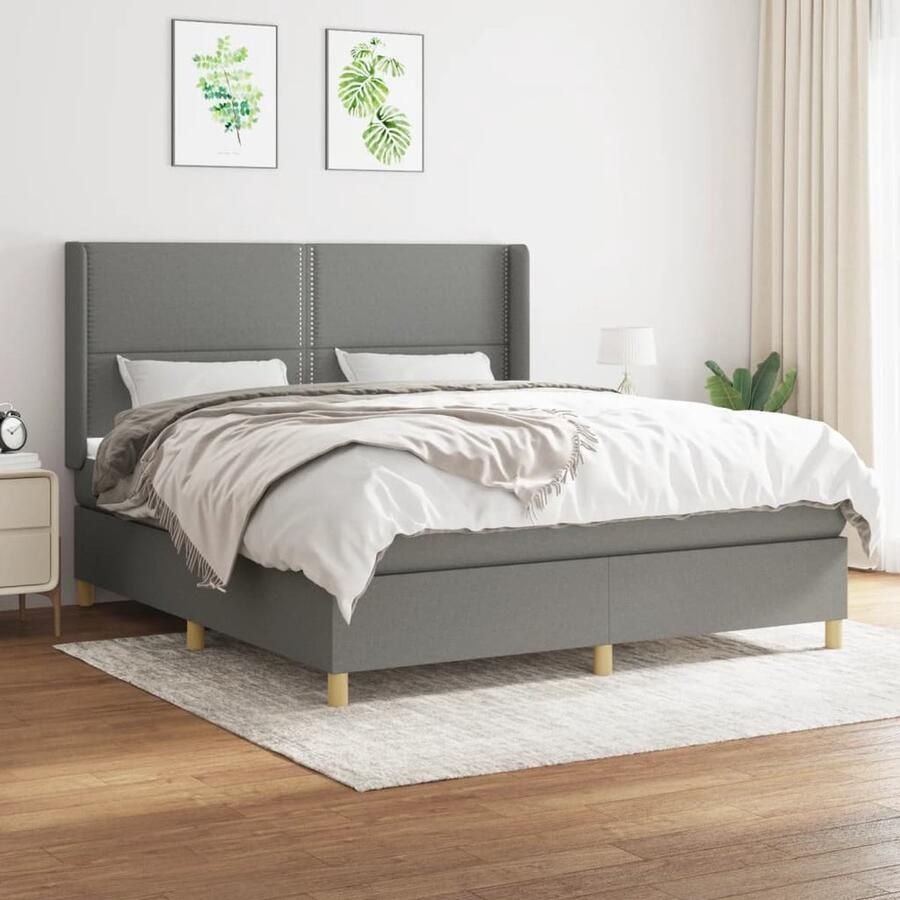 VidaXL Boxspring Donkergrijs 160x200 cm Boxspring Bed Donkere Kleuren Tweepersoonsbed Pocketveer Matras Middelhard Matras Hoofdbord Slaapkamer Meubels - Foto 2