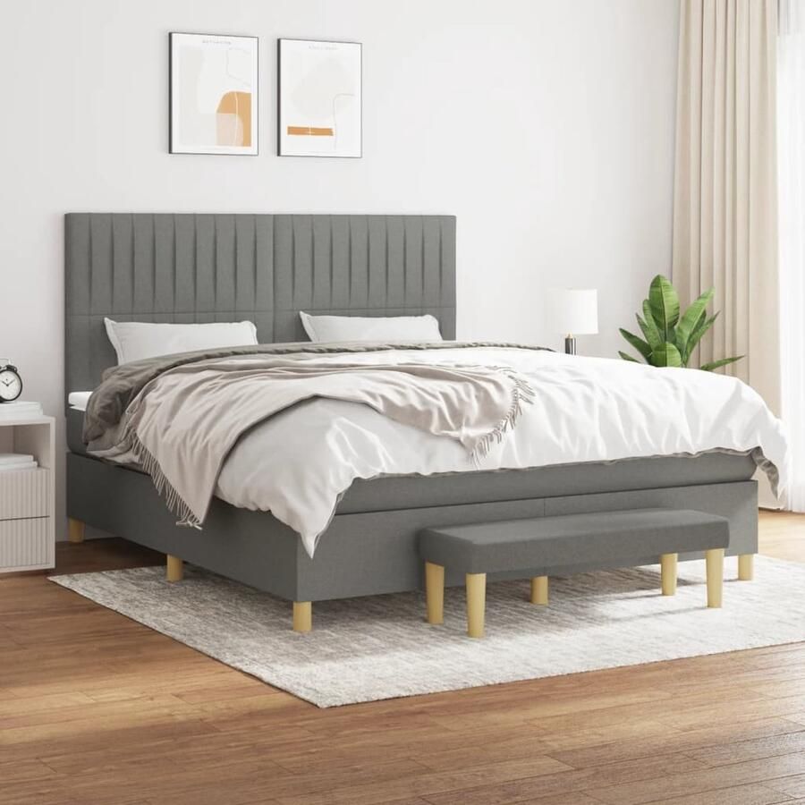 VidaXL Boxspring Donkergrijs 160x200 cm Boxspringbed Boxspring Tweepersoonsbed Donkere Kleuren Pocketed Veren Matras Verstelbare Hoofdbord Middenhard Matras Huideigendig Multifunctionele Bank - Foto 2