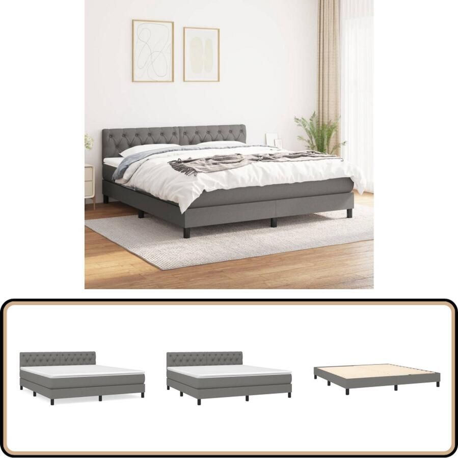 VidaXL Boxspring Donkergrijs 160x200 cm Boxspringbed Boxsprings Slaapkamerinrichting Tweepersoonsbed Donkere Kleuren Pocketveermatras Middelhard Matras Lederlook - Foto 2