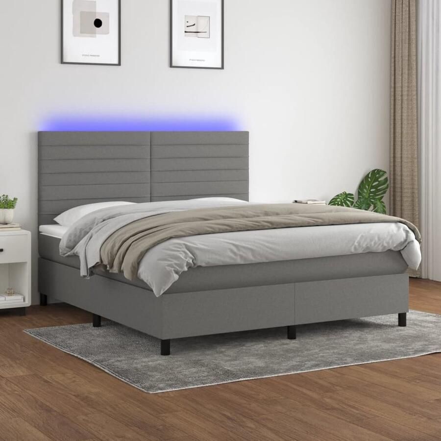 VidaXL Boxspring Donkergrijs 160x200 cm Inclusief LED Boxspring Slaapcomfort Led Verlichting Donkere Kleuren Tweepersoonsbed Houten Frame Pocketed Veren - Foto 2