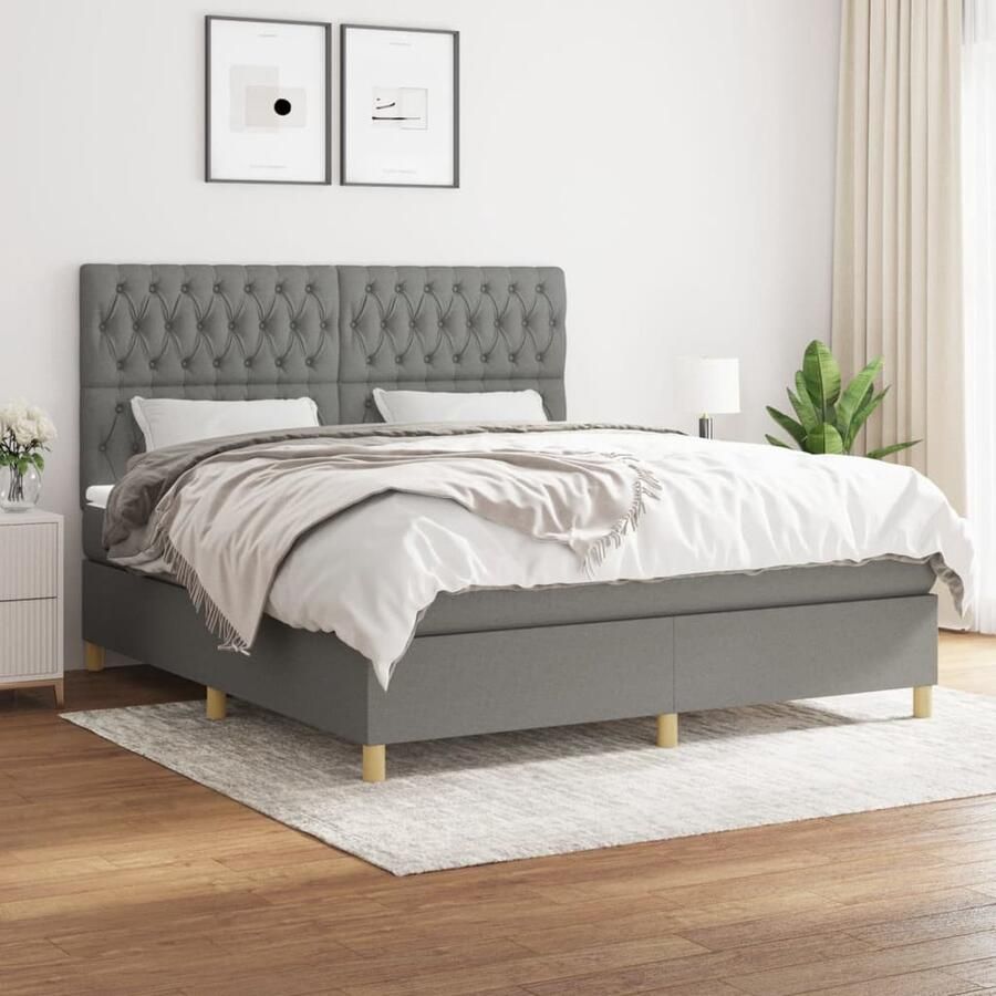 VidaXL Boxspring Donkergrijs 180x200 cm Boxspringbed Donkere Kleuren Tweepersoonsbed Pocketveermatras Middenhard Matras Hoofdbord Slaapkamer Meubels - Foto 2
