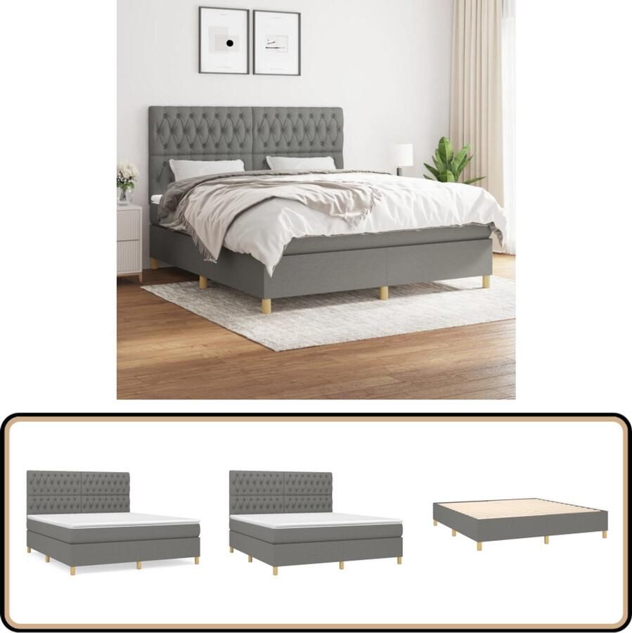 VidaXL Boxspring Donkergrijs 180x200 cm Boxspringbed Donkere Kleuren Tweepersoonsbed Pocketveermatras Middenhard Matras Hoofdbord Slaapkamer Meubels