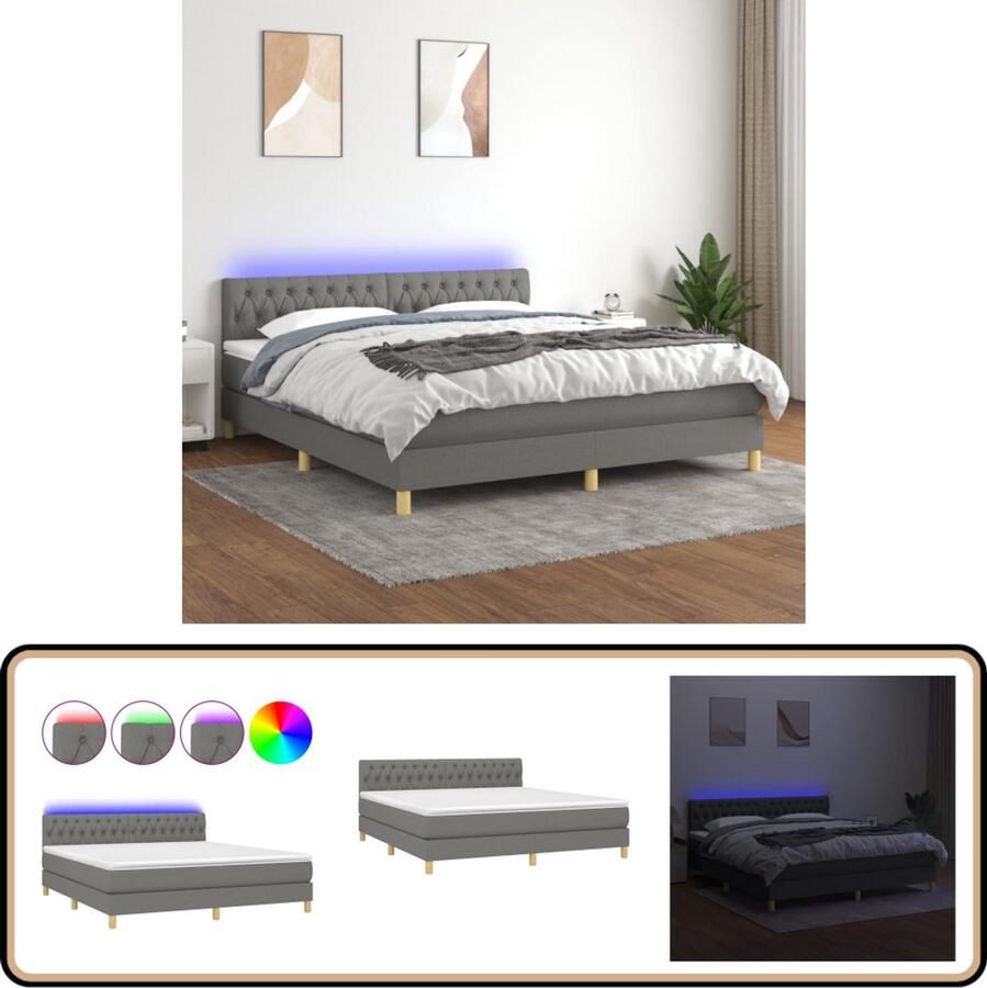 VidaXL Boxspring Donkergrijs 180x200 cm LED & Matras Boxspring Led Bed Donkere Kleuren Tweepersoonsbed Pocketed Spring Mattress Slaapcomfort
