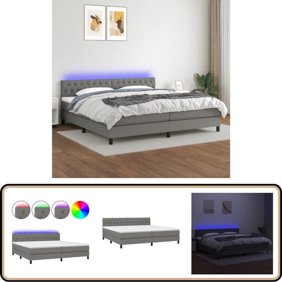 VidaXL Boxspring Donkergrijs 200x200 cm Inclusief LED Boxspring Donkere Kleuren Led Lampen Elektrisch Verstelbare Hoofdbord Pocketed Veren Matras Slaapcomfort