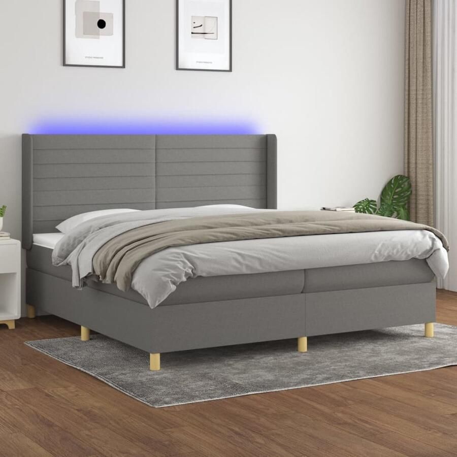 VidaXL Boxspring Donkergrijs 200x200 cm LED Boxspring Bed Slaapcomfort Led Verlichting Pocketing Matras Lederlook Grijs Bed Tweepersoons Bed - Foto 2