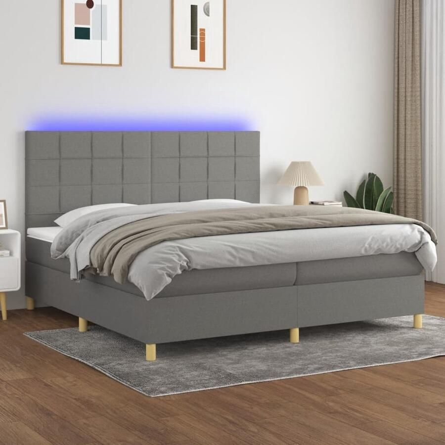 VidaXL Boxspring Donkergrijs 200x200 cm LED-verlichting Boxspring Led Bed Donkere Grijze Boxspring Pocketed Spring Mattress Hoofdbord Slaapcomfort Bedroom Furniture - Foto 2