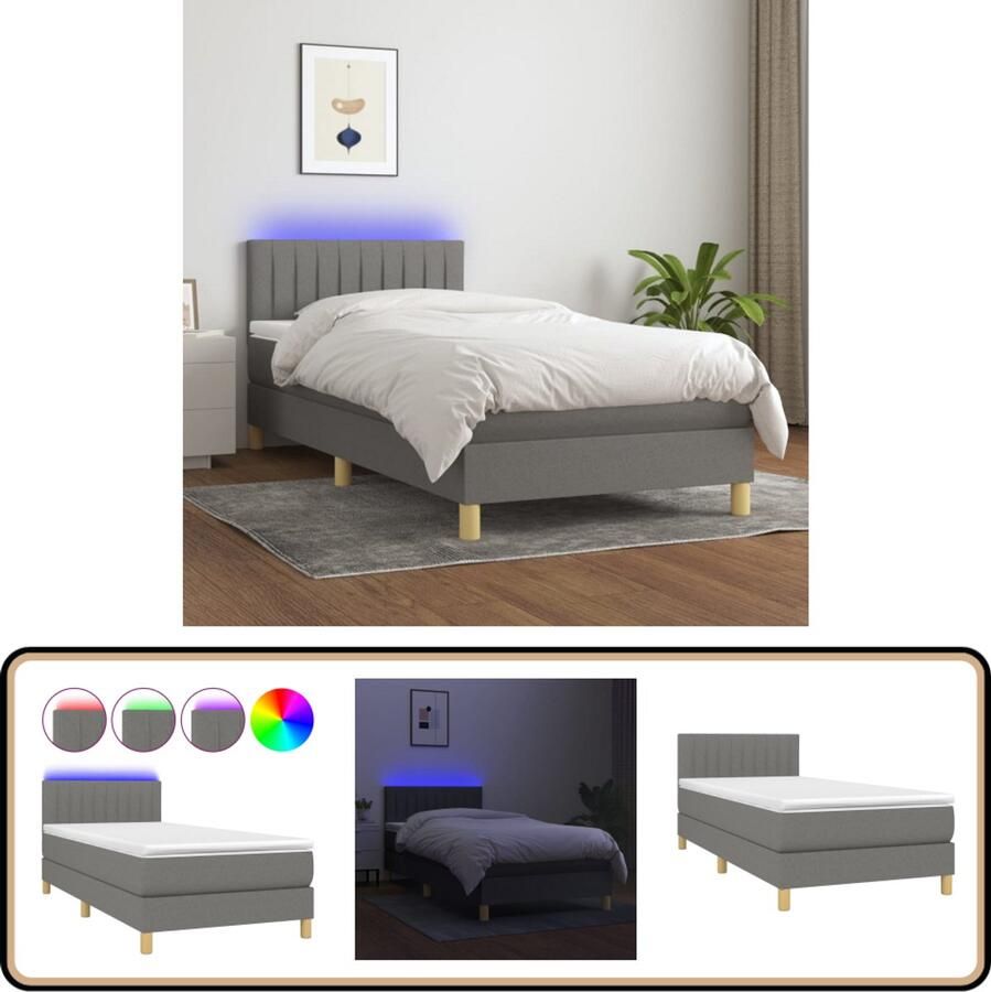 VidaXL Boxspring Donkergrijs 80x200 cm Inclusief LED Boxspring Bed Donkere Grijze Boxspring Led Boxspring Verstelbare Hoofdbord Pocketed Veren Matras