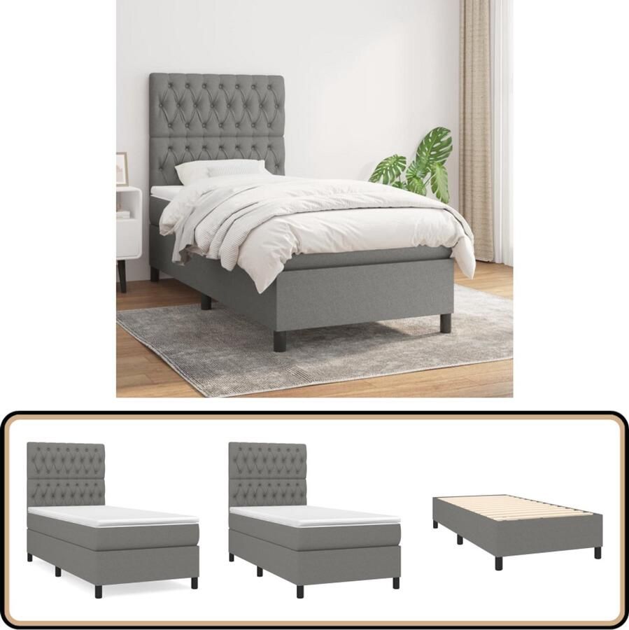 VidaXL Boxspring Donkergrijs 90x190 cm Inclusief Matras Boxspringbed Donkere Kleuren Tweepersoonsbed Pocketveermatras Middenhard Matras Boxspring Frame Hoofdbord Bedroom Furniture