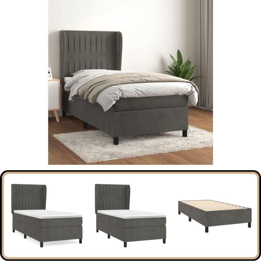 VidaXL Boxspring Donkergrijs 90x190 cm met Matras Boxspringbed Donkere Kleuren Fluweel Bed Frame Pocketveer Matras Middenhard Matras Hoofdbord Boxspring
