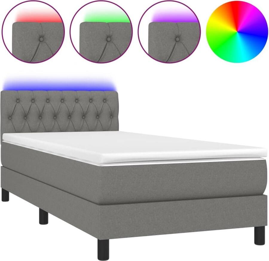 VidaXL Boxspring Donkergrijs 90x200 cm Inclusief LED Boxspring Donkere Kleuren Led Lampje Pocketed Veren Slaapcomfort Slaapkamers - Foto 2