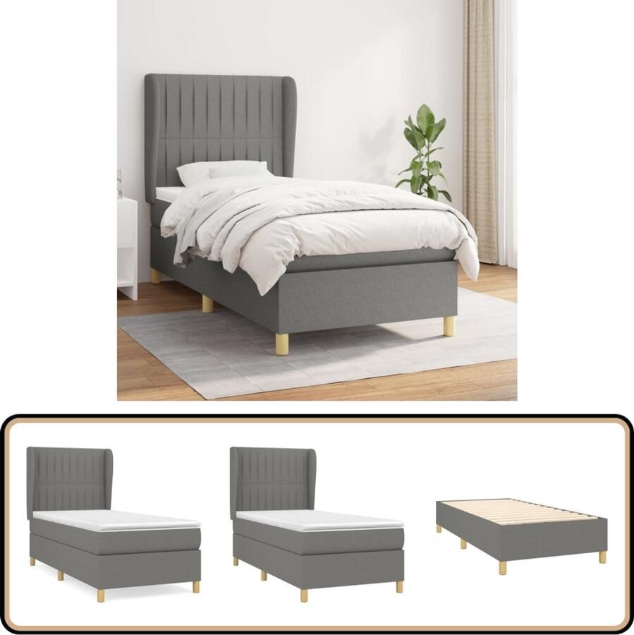 VidaXL Boxspring Donkergrijs 90x200 cm Inclusief Matras Boxspringbed Slaapcomfort Pocketveermatras Verstelbare Hoofdbord Donker Grijs