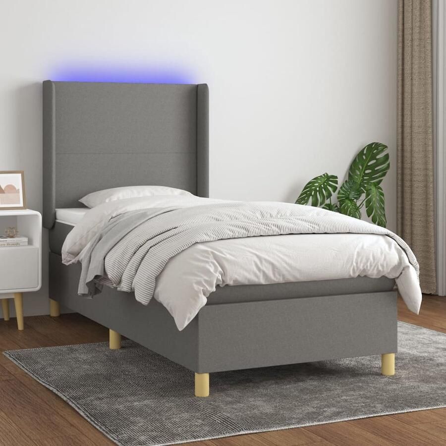 VidaXL Boxspring Donkergrijs Inclusief LED 90x190 cm Boxspring Bed Donkere Kleuren Led Lampjes Slaapcomfort Pocketed Veren Hoogwaardig Matras Design Bed Moderne Slaapkamer - Foto 2