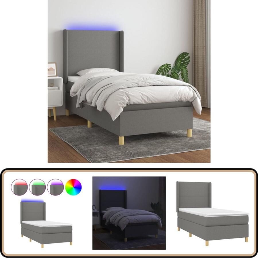 VidaXL Boxspring Donkergrijs Inclusief LED 90x190 cm Boxspring Bed Donkere Kleuren Led Lampjes Slaapcomfort Pocketed Veren Hoogwaardig Matras Design Bed Moderne Slaapkamer