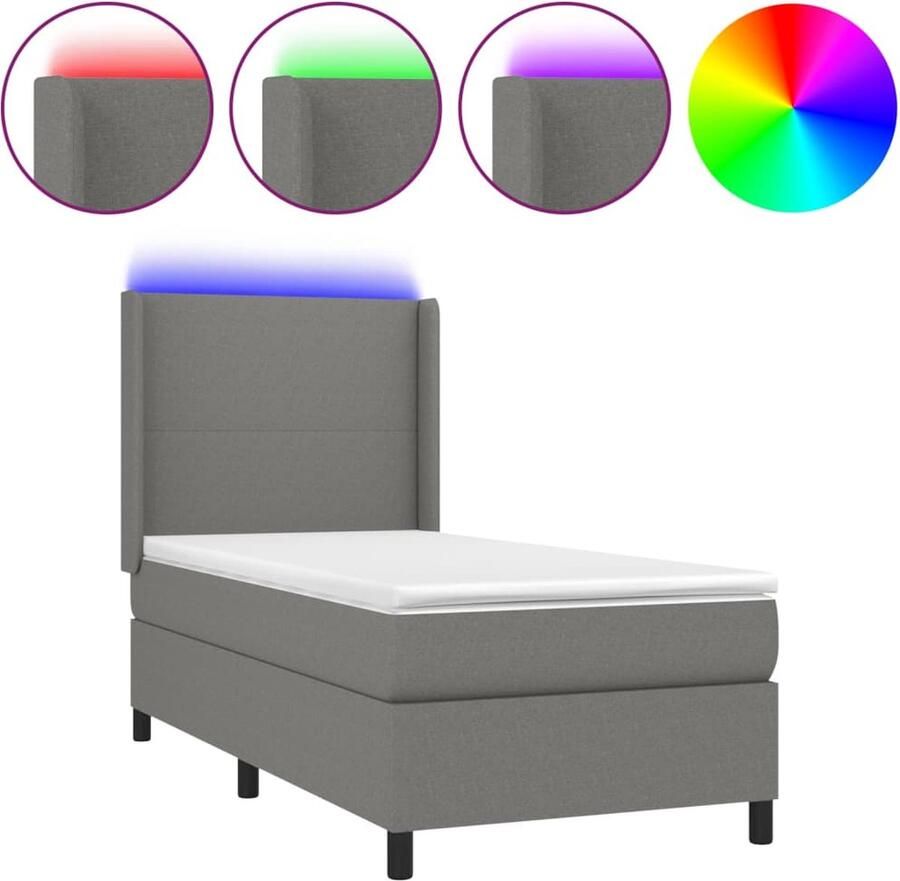VidaXL Boxspring Donkergrijs Inclusief LED 90x190 cm Boxspring Donkere Kleuren Led Verlichting Boxsprings Slaapcomfort Pocketvering Lederlook - Foto 2