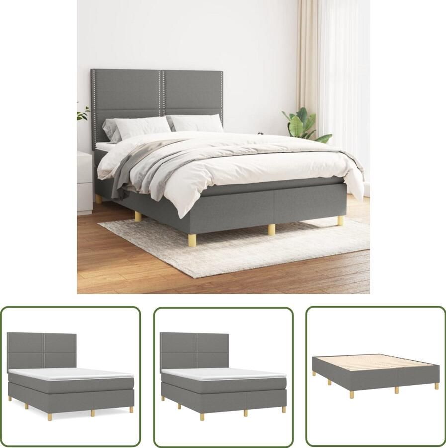 VidaXL Boxspring Donkergrijs Inclusief Matras 140x190cm Boxspringbed Donkere Kleuren Tweepersoonsbed Verstelbare Hoofdbord Pocketveer Matras Middelhard Matras Duurzame Materialen