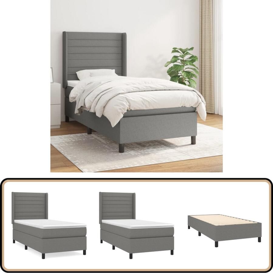 VidaXL Boxspring met matras Stof Donkergrijs 100x200 cm Boxspringbed Donkere Kleuren Verstelbare Hoofdbord Pocketveer Matras Middelhard Matras Huidgevend Topmatras