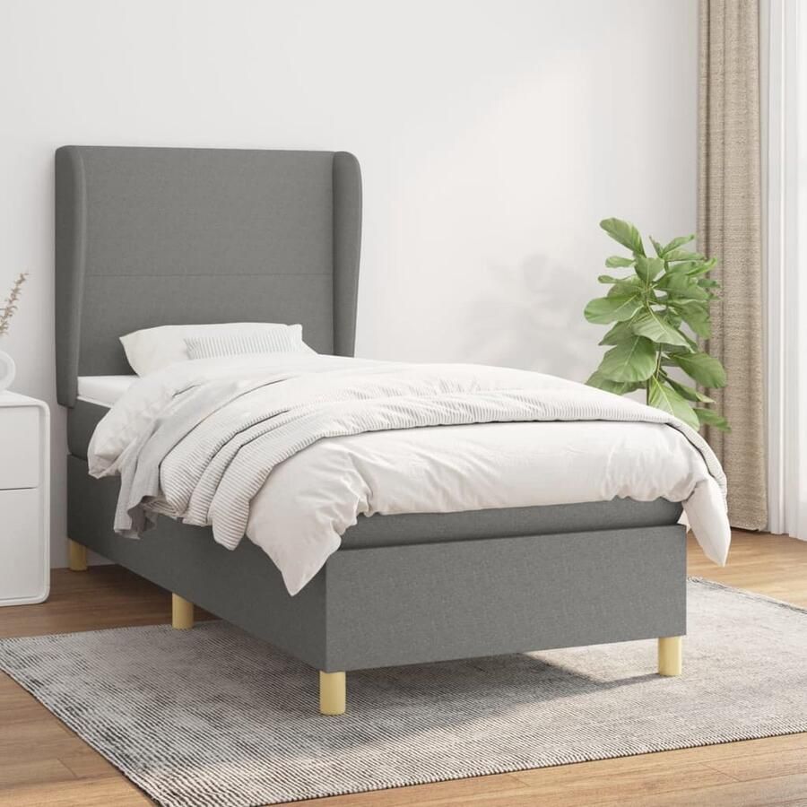 VidaXL Boxspring Donkergrijs Inclusief Matras 90x200 cm Boxspringbed Donkere Kleuren Tweepersoonsbed Pocketed Veren Matras Middelhard Matras Hoofdbord Frame Bed - Foto 2