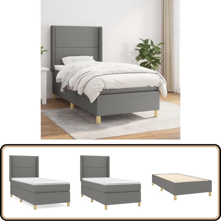 VidaXL Boxspring Donkergrijs 90x190 cm met Matras Boxspringbed Boxspring Tweepersoonsbed Donkere Kleuren Lederlook Modern Interieur Rustig Slapen Ergonomisch Hoofdbord Pocketveermatras Middenhard