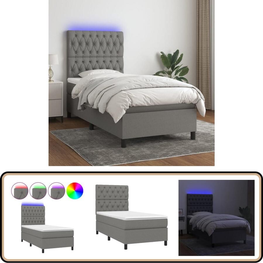 VidaXL Boxspring Donkergrijs Inclusief Matras Boxspring Bed Donkere Grijze Led Lampje Pocketed Veren Matras Hoofdbord