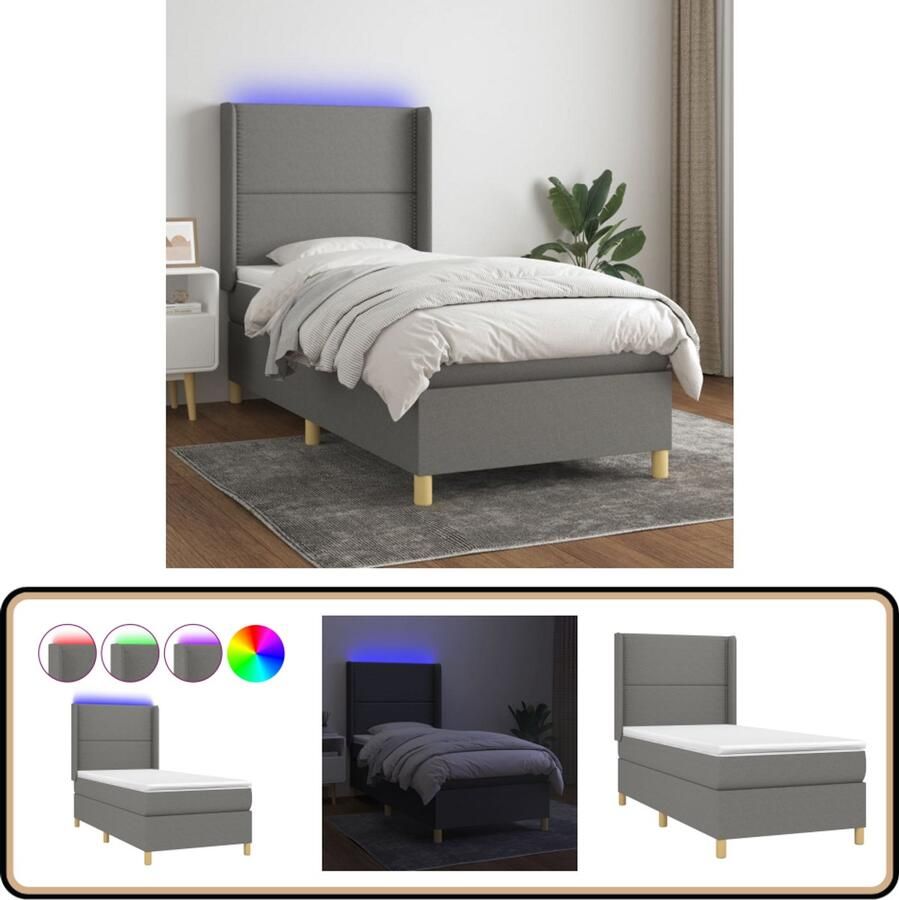 VidaXL Boxspring Donkergrijs Inclusief Matras & LED Boxspring Donkere Kleuren Led Lampen Pocketed Veren Matras Slaapcomfort Hoofdbord Bedroom Furniture