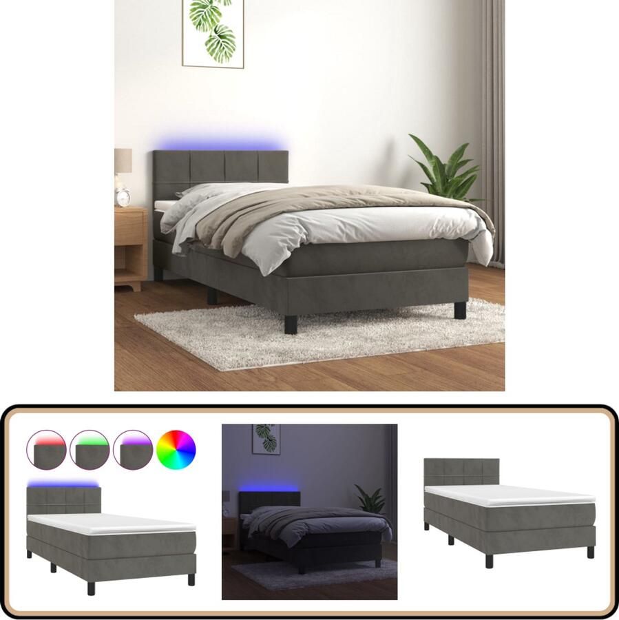 VidaXL Boxspring Fluweel 100x200 cm LED Donkergrijs Boxspring Velvet Boxspring Grijs Boxspring Met Led Boxspring Met Verstelbare Hoofdbord Tweepersoons Boxspring Luxe Boxspring Slaapcomfort