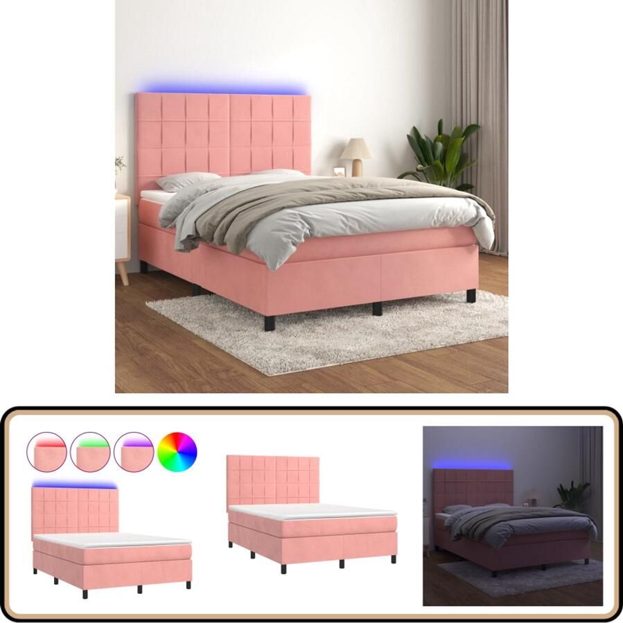 VidaXL Boxspring Fluweel 140x190cm LED Roze Boxspring Bed Frame Velvet Bed Rozerood Bed Led Bed Adjustable Headboard Pocketed Spring Mattress Topper