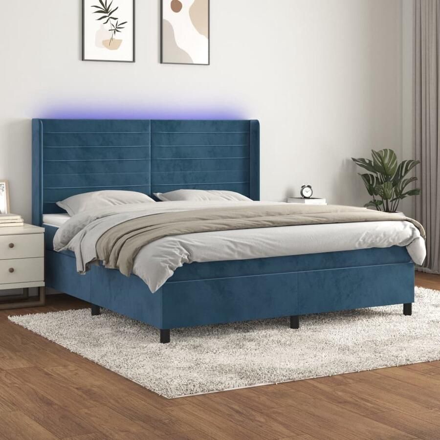 VidaXL Boxspring Fluweel 160x200 cm LED Donkerblauw Boxspring Donkere Blauwe Boxspring Led Boxspring Velvet Boxspring Pocketveer Matras Slaapcomfort Hoofdbord Bedroom Furniture - Foto 2
