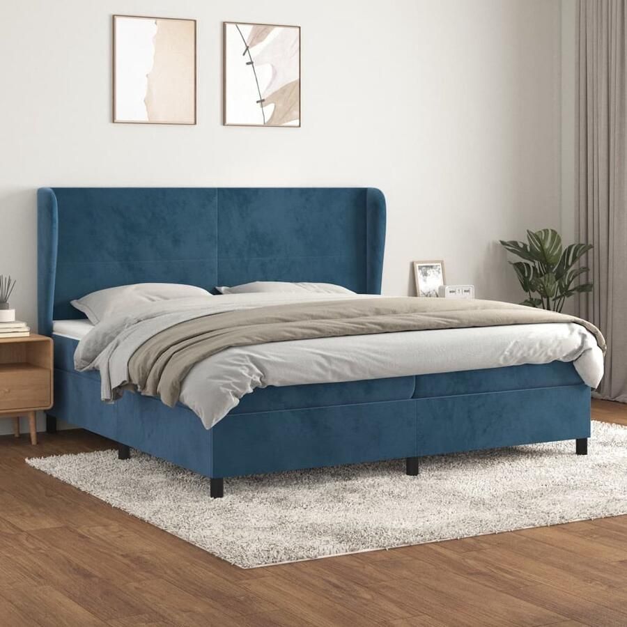 VidaXL Boxspring Fluweel 200x200 cm Donkerblauw Boxspring Fluweel Bed Dark Blue Bed Tweepersoons Bed King Size Bed Pocketveer Matras Middenhard Matras Luxe Bed - Foto 2