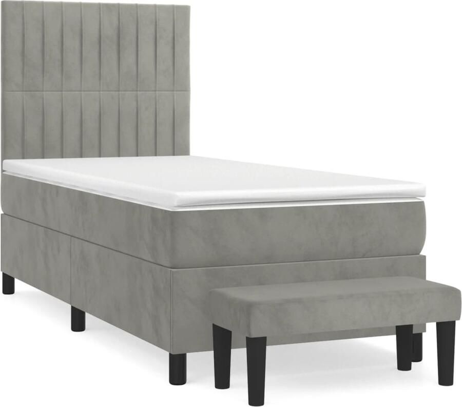 VidaXL Boxspring met matras fluweel lichtgrijs 90x200 cm Boxspringbed Slaapcomfort Velvet Bed Tweepersoonsbed King Size Bed Hoofdbord Pocketed Spring Mattress Middenhard - Foto 2