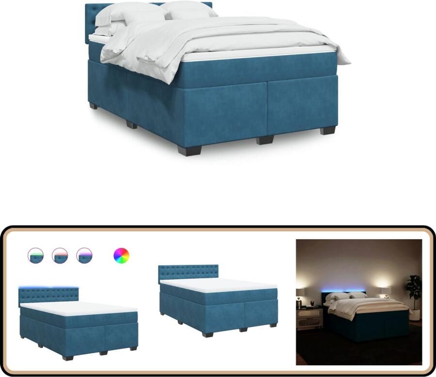 VidaXL Boxspring Fluweel Blauw 140x190 cm Inclusief Matras Boxspring Tweepersoonsbed Fluweel Bed Led Bed Blue Bed