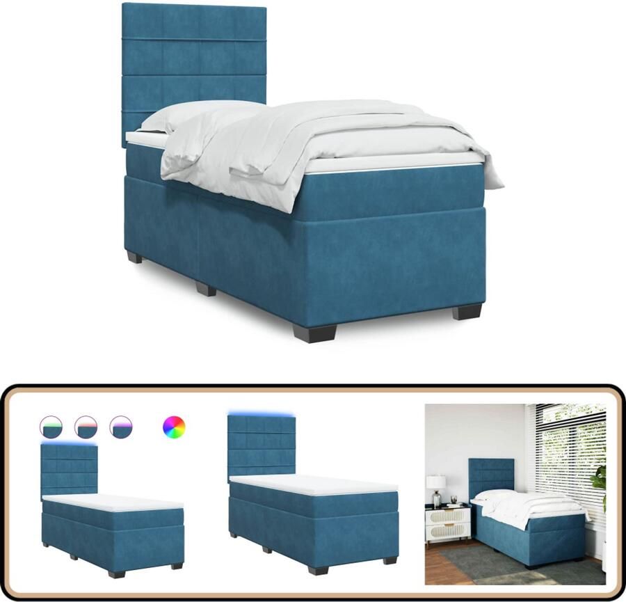 VidaXL Boxspring Fluweel Blauw 90x190 cm Inclusief Matras Boxspringbed Comfort Bed Led Lampen Velvet Bed Pocketed Springs Mattress